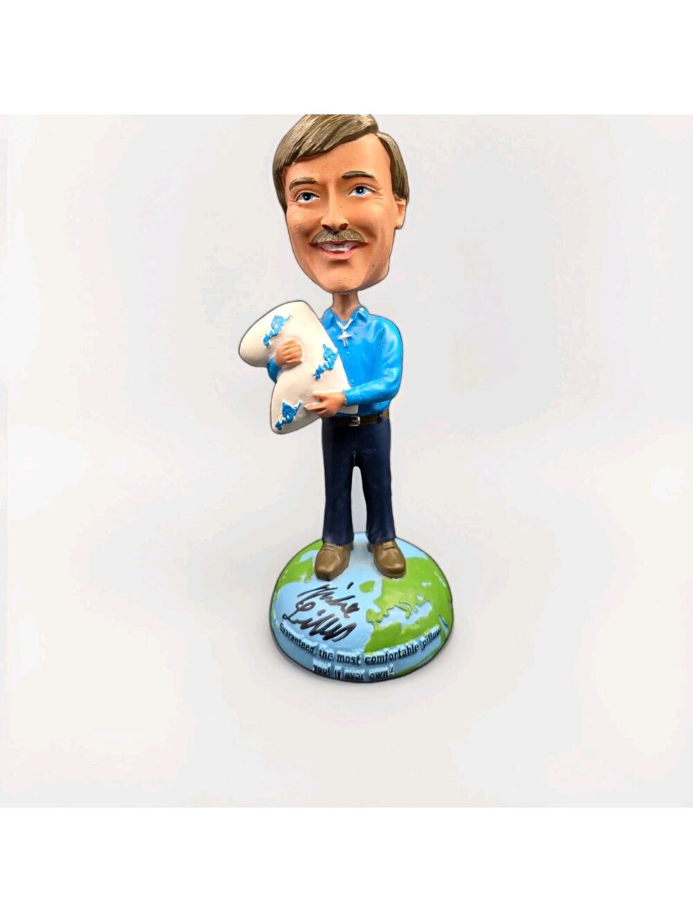 Signed Autographed Man Bobblehead on Earth/Globe Base, Blue Shirt, Holds White